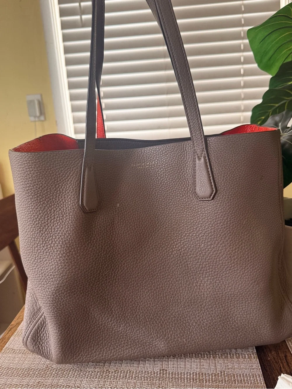 Tory Burch Taupe Pebbled Leather Tote with Red Interior